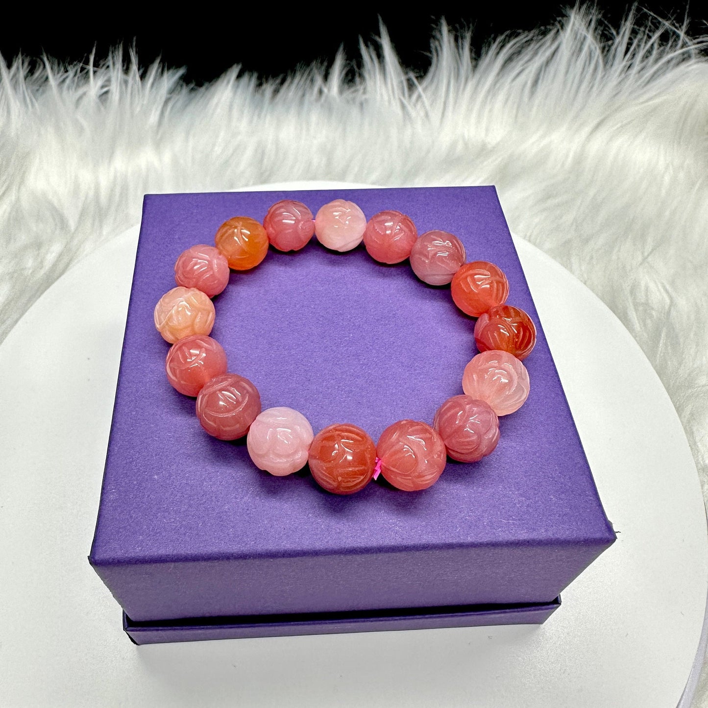 High-quality Natural Yanyuan Agate pink-red lotus flower bracelet, Stone of Strength  Yanyuan Agate Bracelet