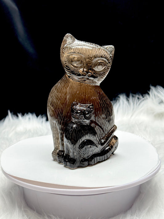 Beautiful Smoky Quartz Cat Carving, Smokey Quartz Crystal Cat Carving