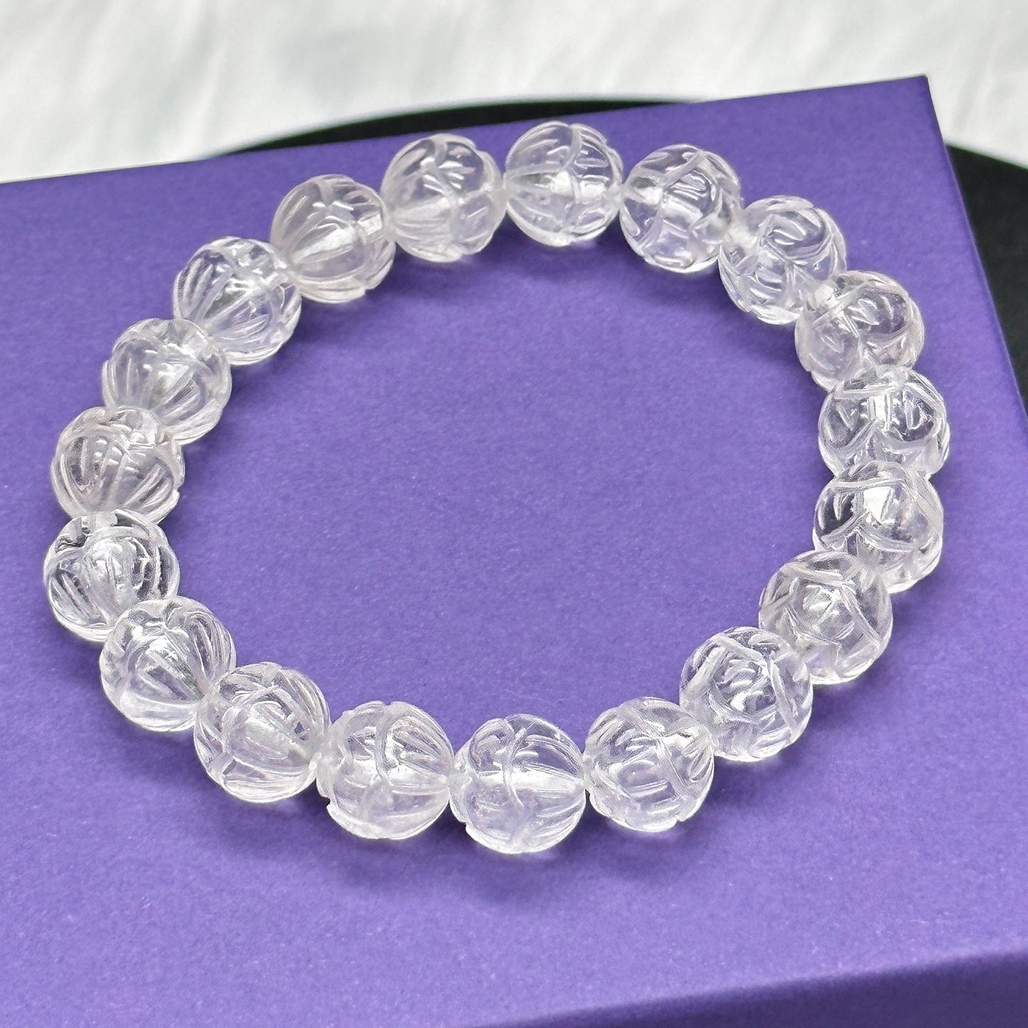 Beautiful Clear Quartz Lotus Bracelet, Clear Quartz Bracelet, Healing Crystal Bracelet, Lotus Flower Carved Gemstone Bracelet