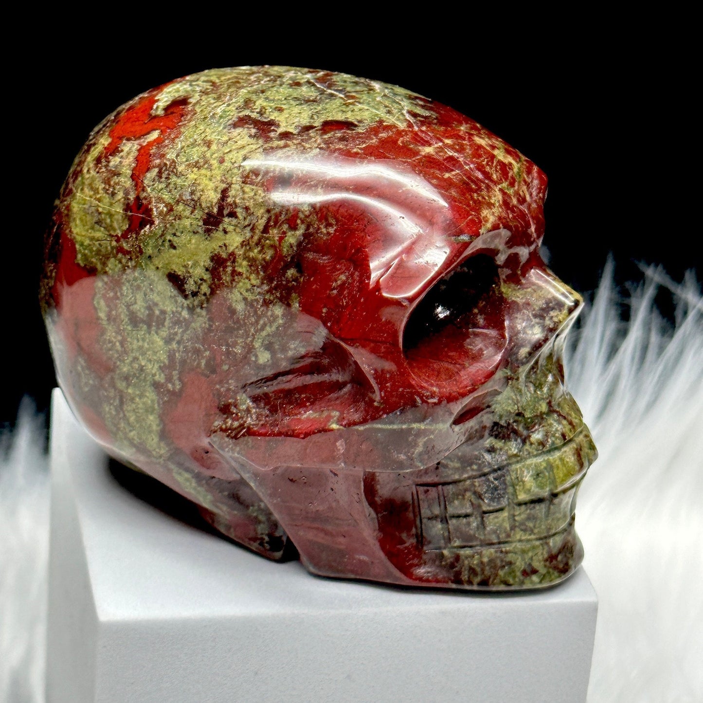 2.5" High Quality Dragon Blood Jasper Crystal Skull, Hand Carved Gemstone Fine Art Sculpture, Reiki Healing Stone Statue