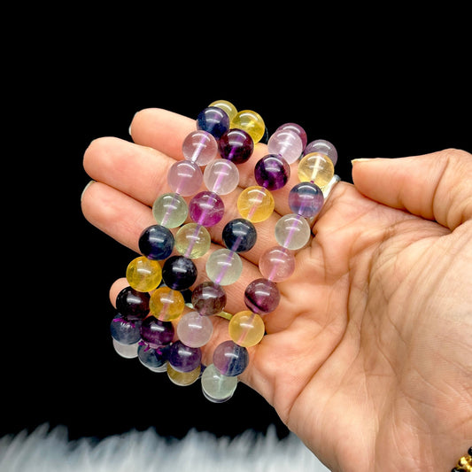 10mm Rainbow Fluorite Bracelet Pisces Capricorn Lucky Stone Multi-colored Fluorite Beaded Elastic Healing Jewelry