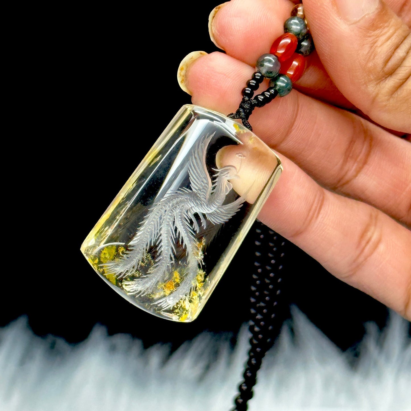 High Quality Clear Quartz Phoenix Carved Pendant Necklace with Black Obsidian beads, Feng Shui, Abundance, Wealth