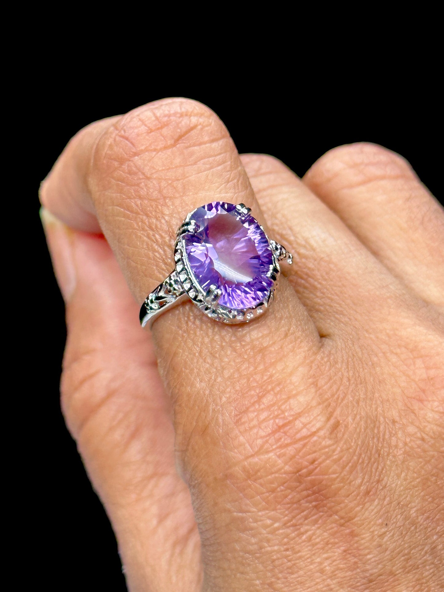 Oval Amethyst Solitaire Vintage Antique Style Sterling Silver Engagement Ring, Amethyst adjustable size Ring, Gift Item