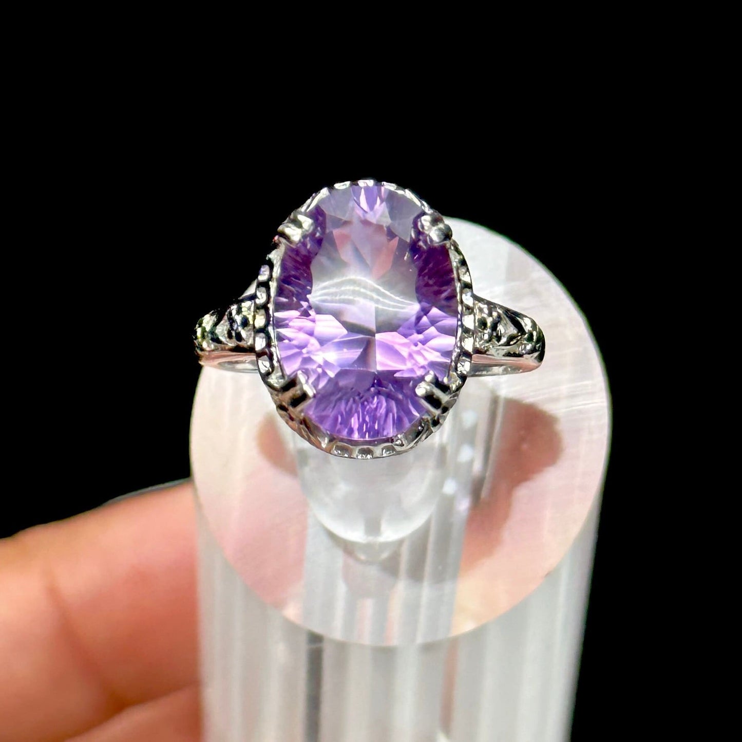 Oval Amethyst Solitaire Vintage Antique Style Sterling Silver Engagement Ring, Amethyst adjustable size Ring, Gift Item