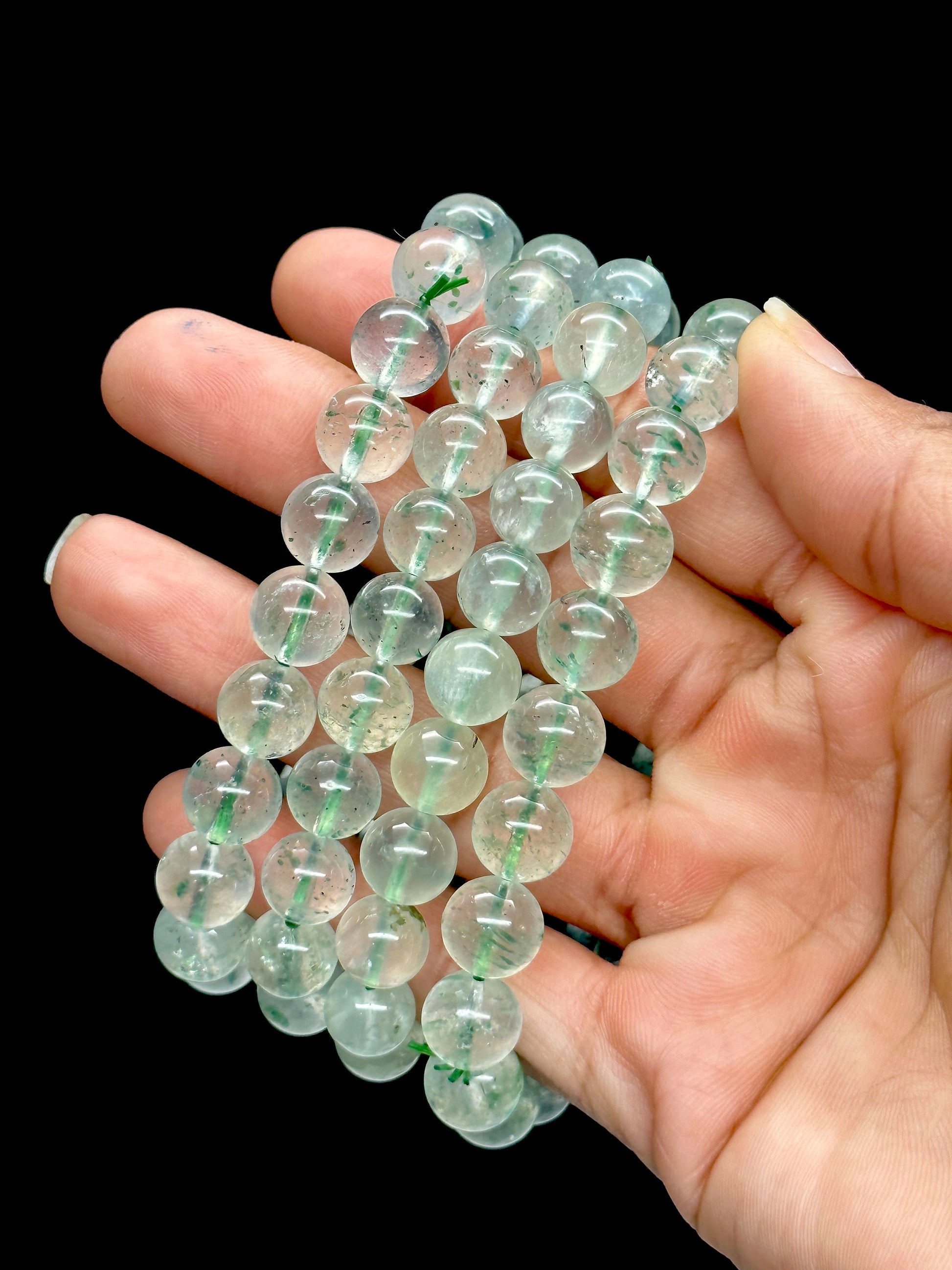 9mm Natural Clear Quartz Green Phantom Crystal Gemstone Round Beads Bracelet