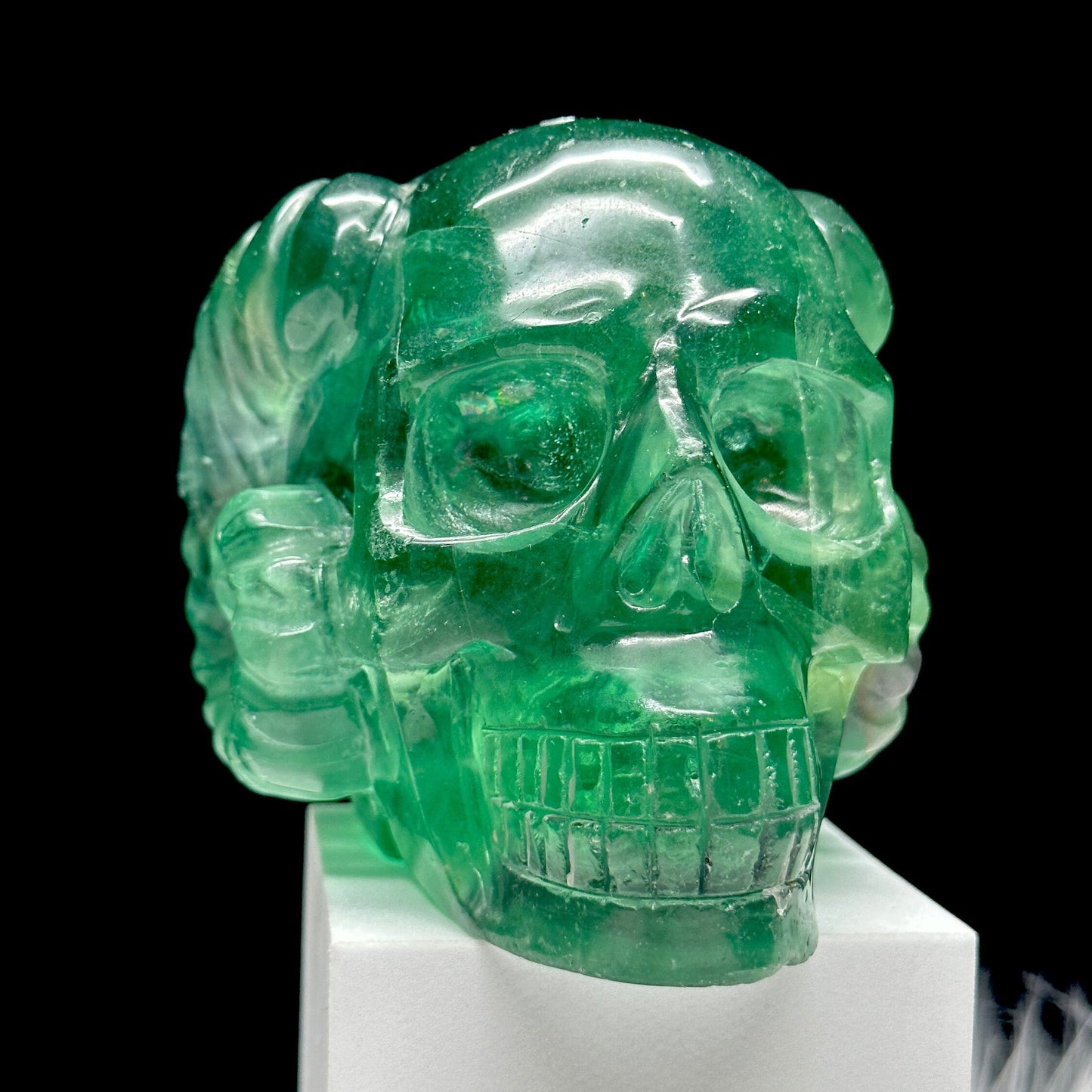 Super High Quality Natural Green Fluorite Skull with horn, Crystal Skull, Hand Carved Super Realistic Skull