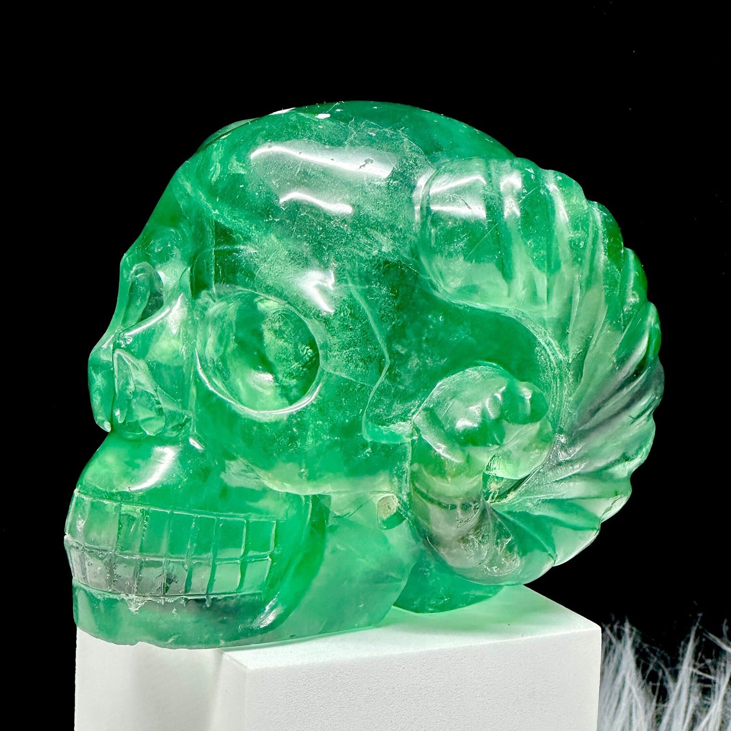 Super High Quality Natural Green Fluorite Skull with horn, Crystal Skull, Hand Carved Super Realistic Skull