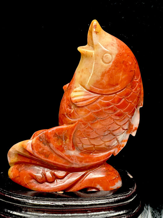 Beautiful Red Jade Koi Fish Carving, Good Fortune Koi Fish Carving Statue / Sculpture, Crystal Carving