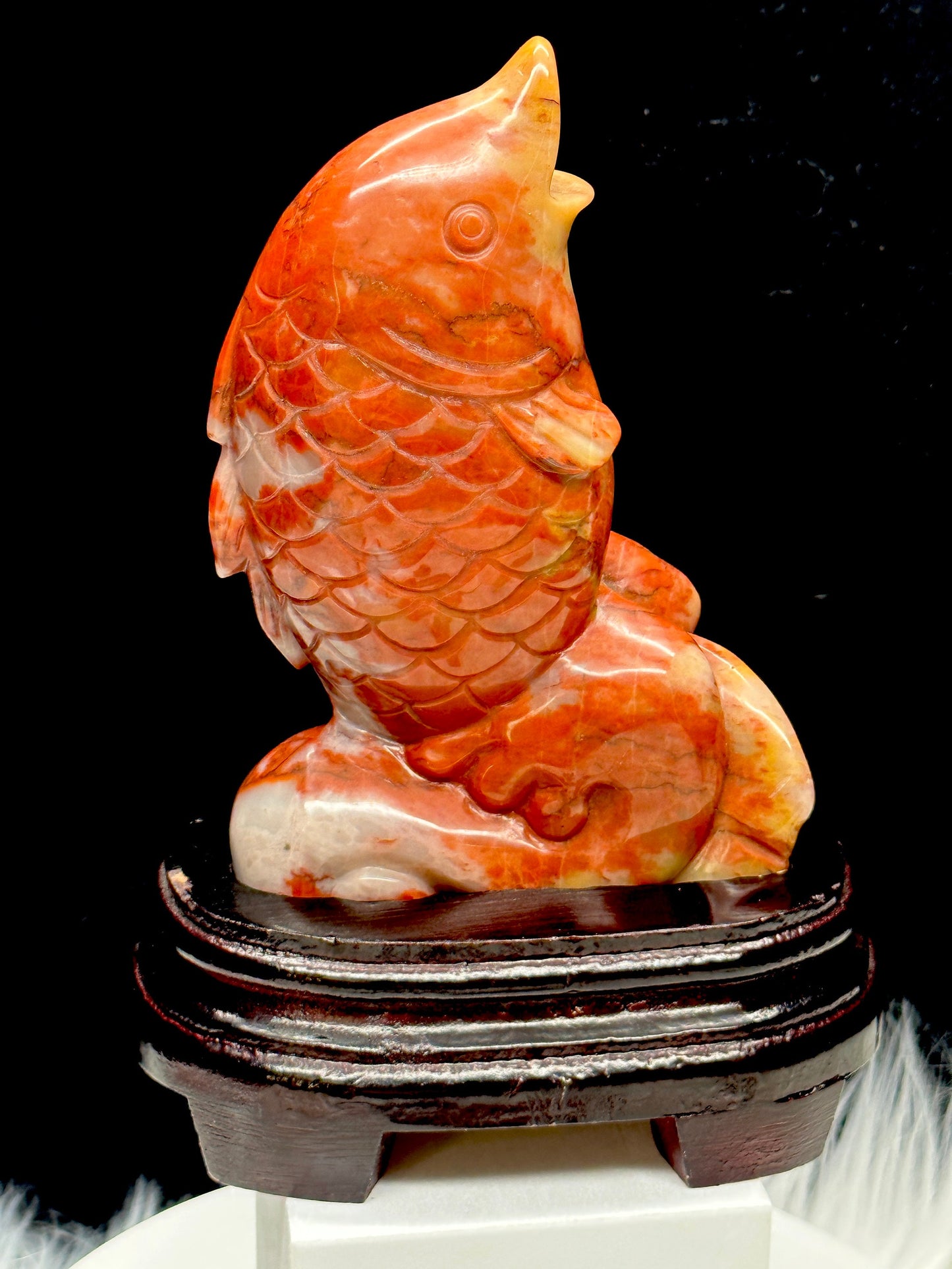 Beautiful Red Jade Koi Fish Carving, Good Fortune Koi Fish Carving Statue / Sculpture, Crystal Carving