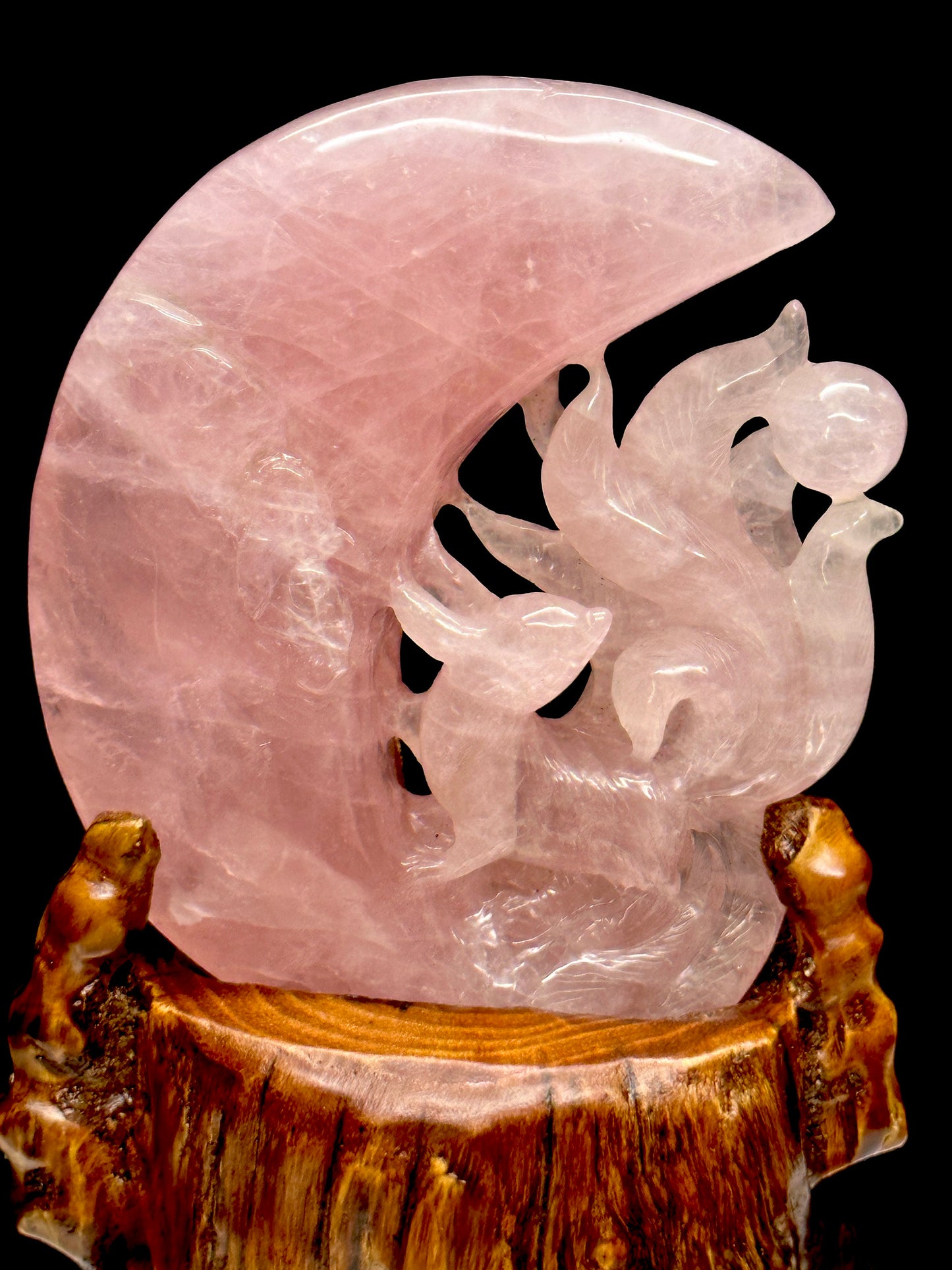 Beautiful Rose Quartz Nine Tail  Fox Carving On Custom Wooden Stand