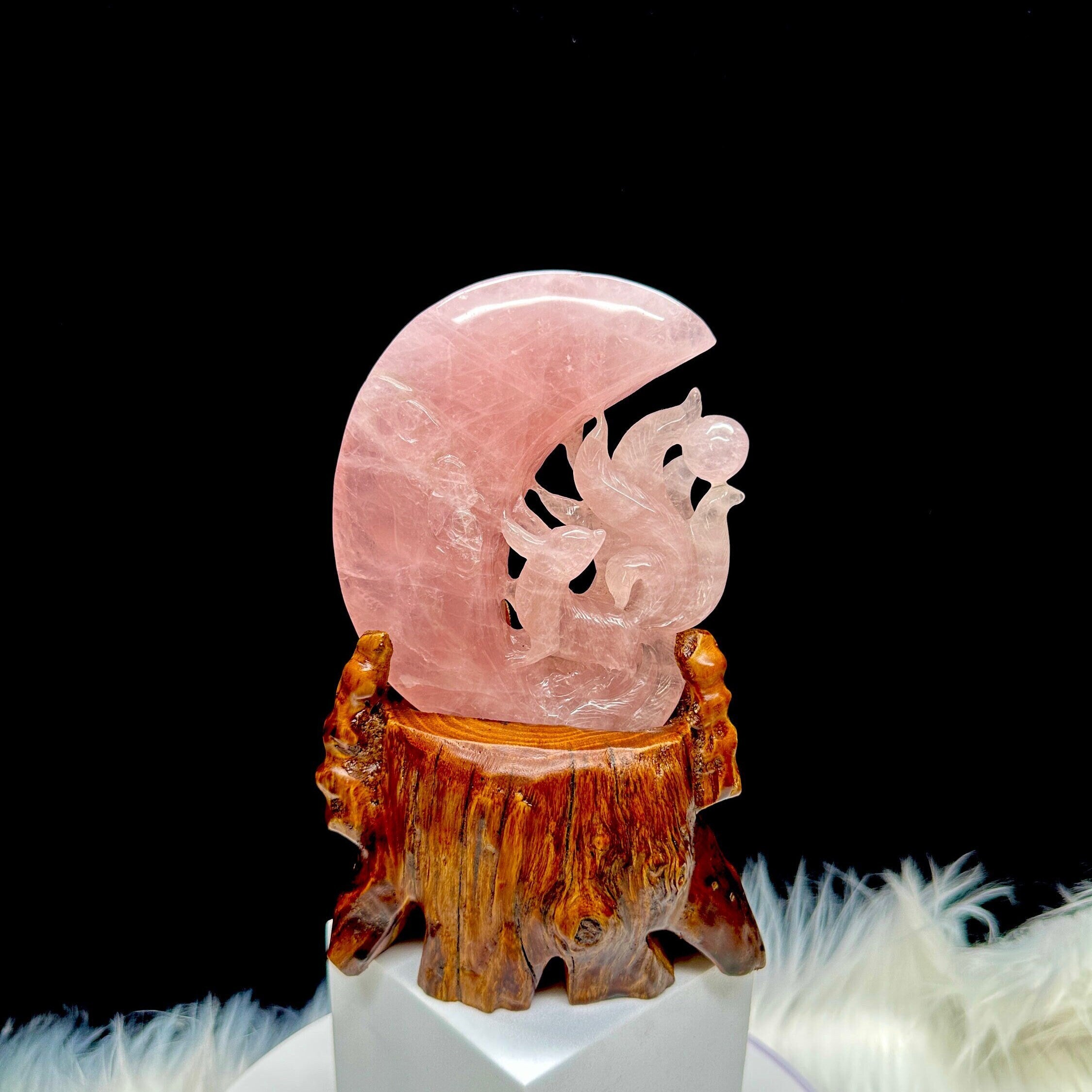 Beautiful Rose Quartz Nine Tail Fox Carving On Custom Wooden Stand