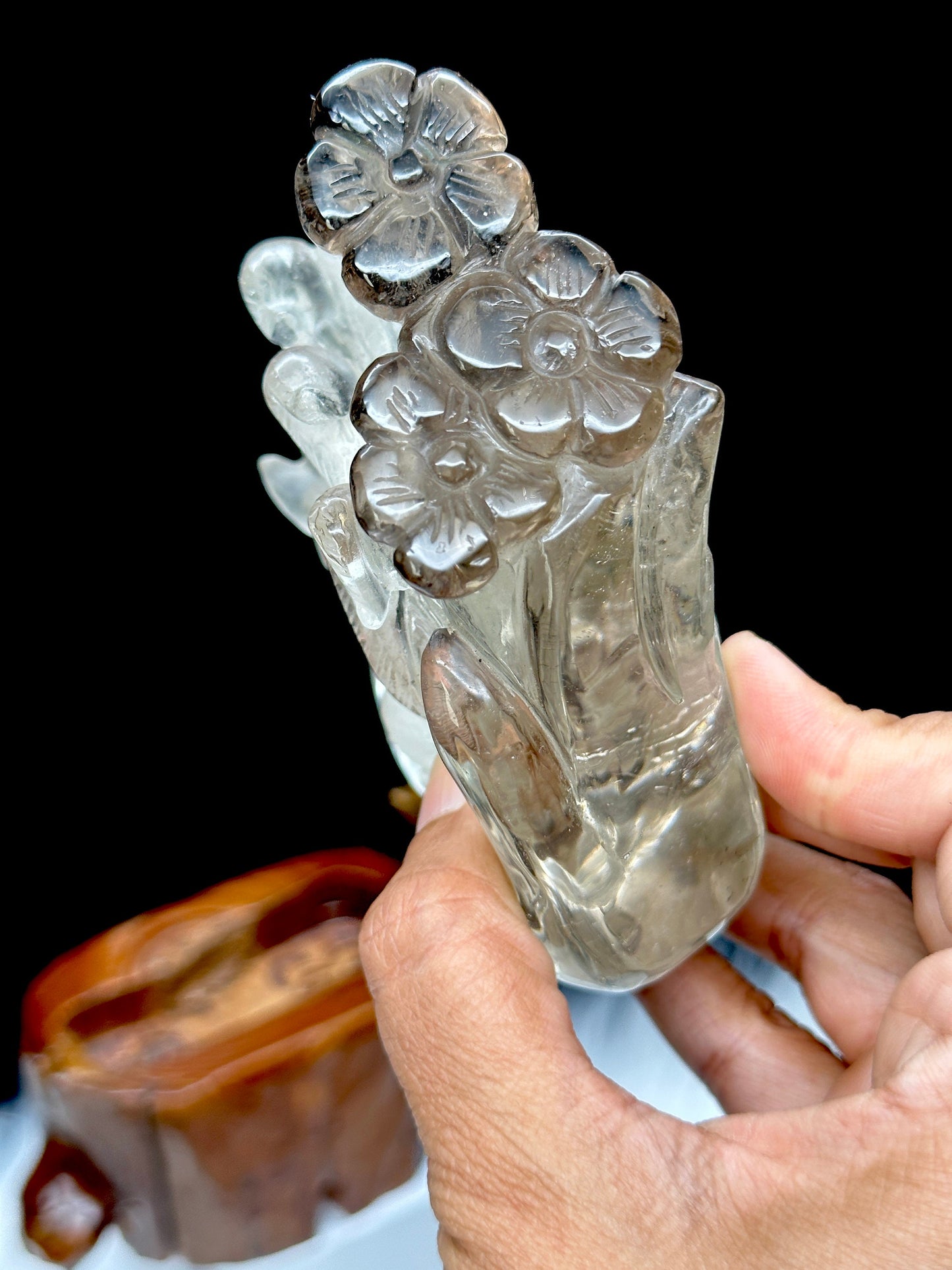 Clear Quartz with Smokey Quartz Nine Tail Fox Carving, Hand Carved, Crystal Fox Carving