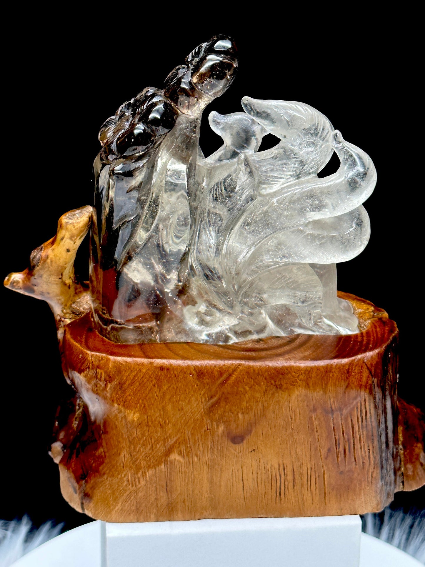 Clear Quartz with Smokey Quartz Nine Tail Fox Carving, Hand Carved, Crystal Fox Carving