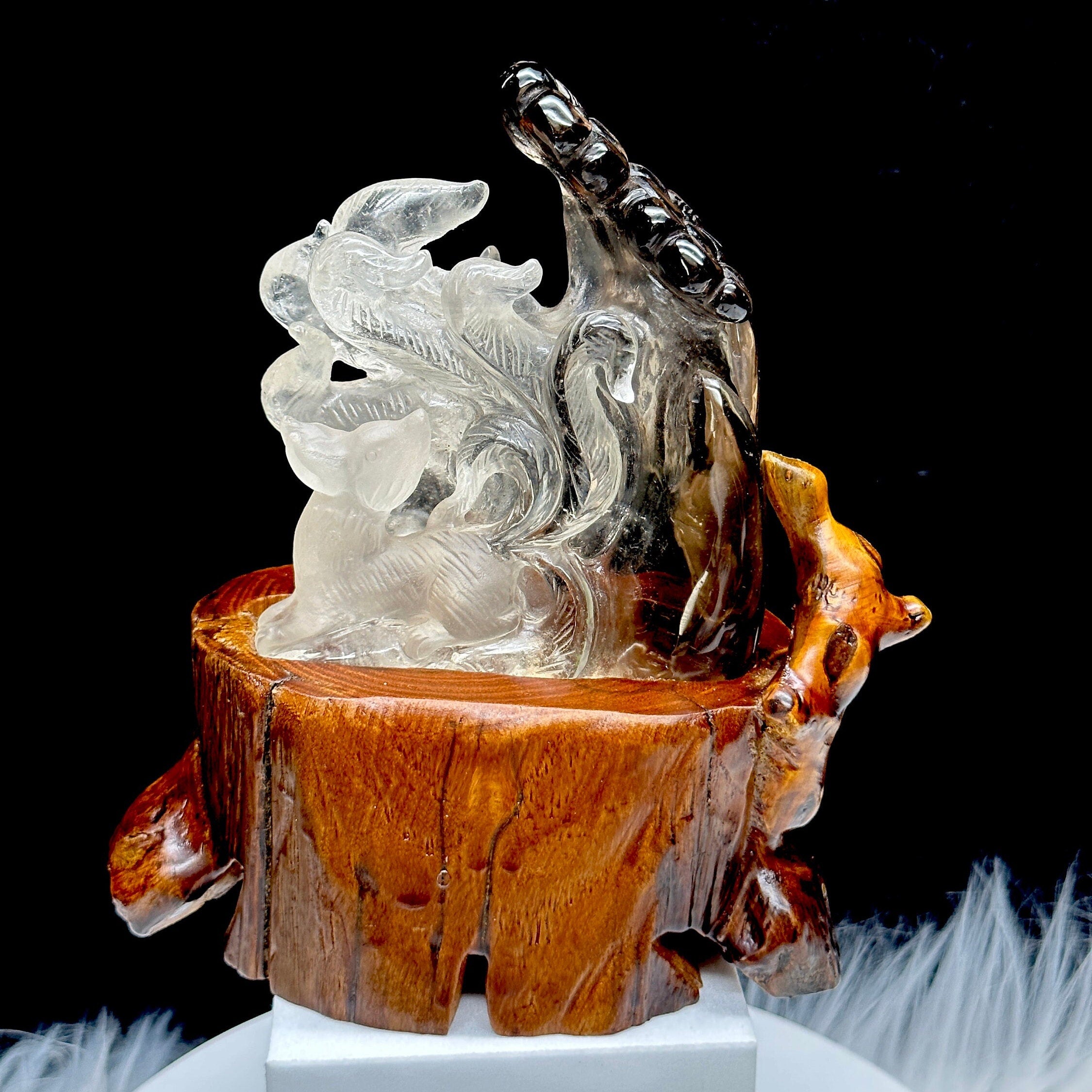 Clear Quartz with Smokey Quartz Nine Tail Fox Carving, Hand Carved