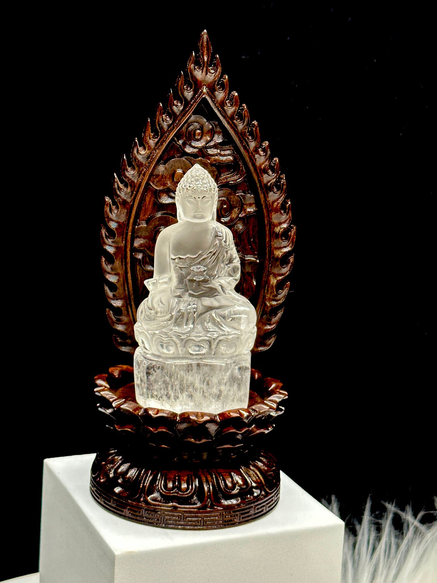 Clear Quartz Crystal Meditating Buddha Statue on a Carved Wooden Throne