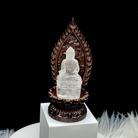 Clear Quartz Crystal Meditating Buddha Statue on a Carved Wooden Throne