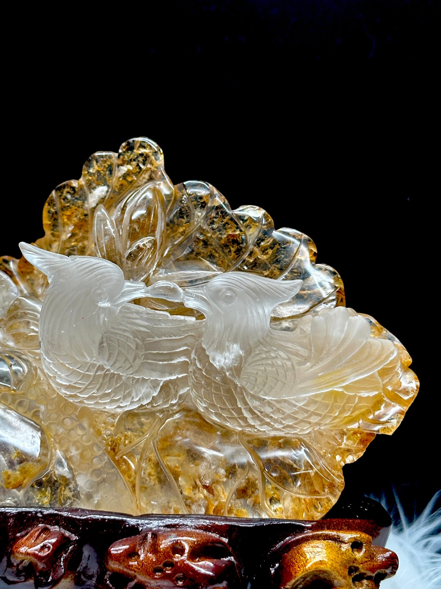 High Grade Golden Healer Carving of Mandarin Ducks, Fengshui Mandarin Ducks, Crystal Carving