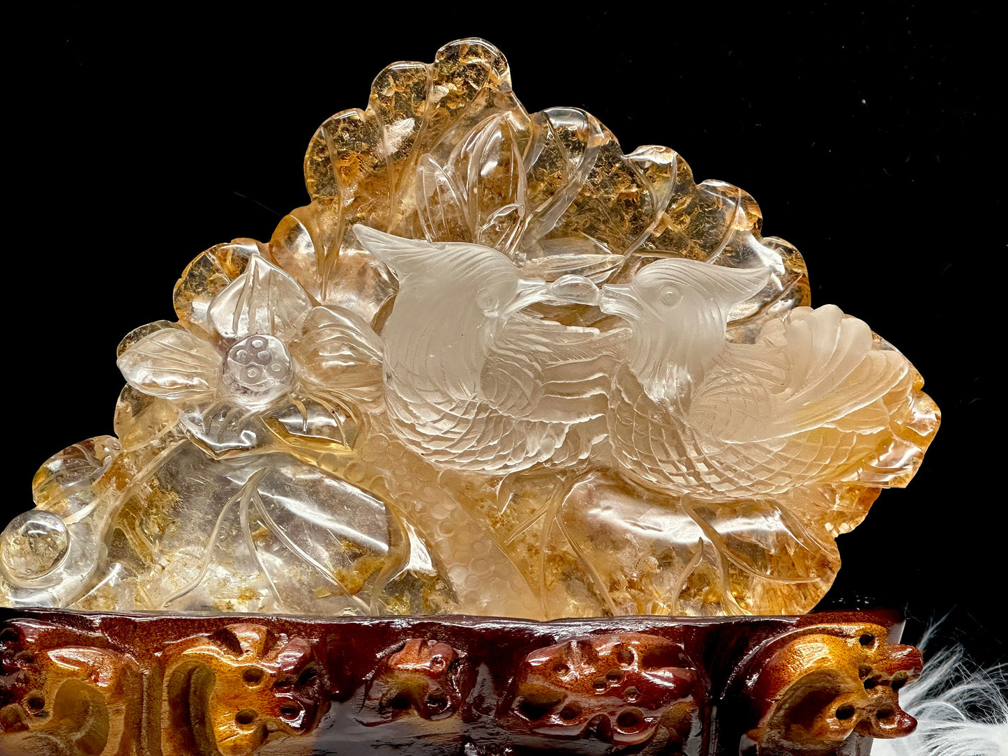 High Grade Golden Healer Carving of Mandarin Ducks, Fengshui Mandarin Ducks, Crystal Carving