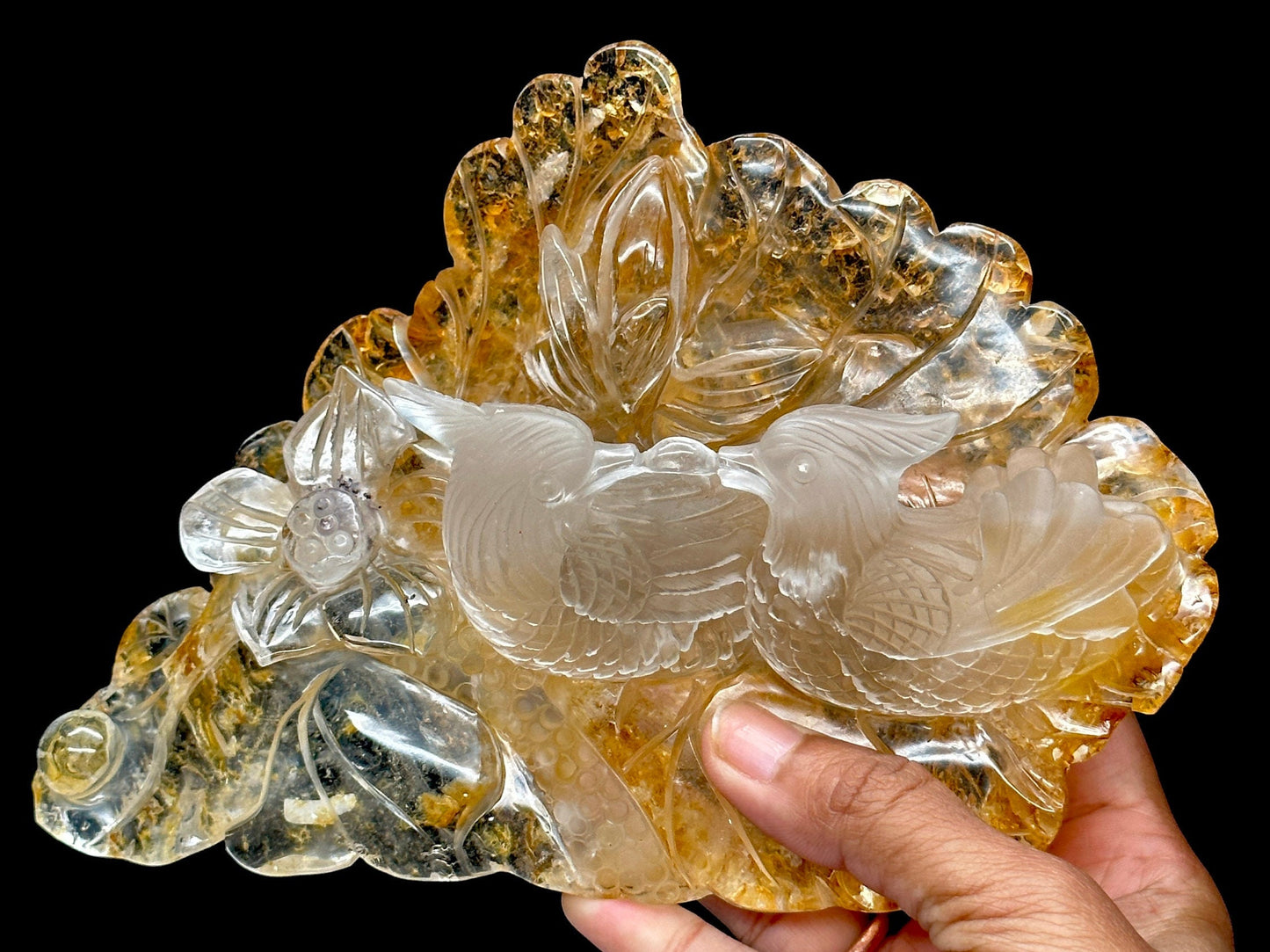 High Grade Golden Healer Carving of Mandarin Ducks, Fengshui Mandarin Ducks, Crystal Carving