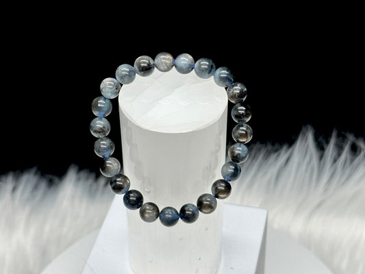 Devil Blue Aquamarine Biotite Inclusions Bracelet Brazil Grade AAA Genuine Natural Round Gemstone Beads - 7mm