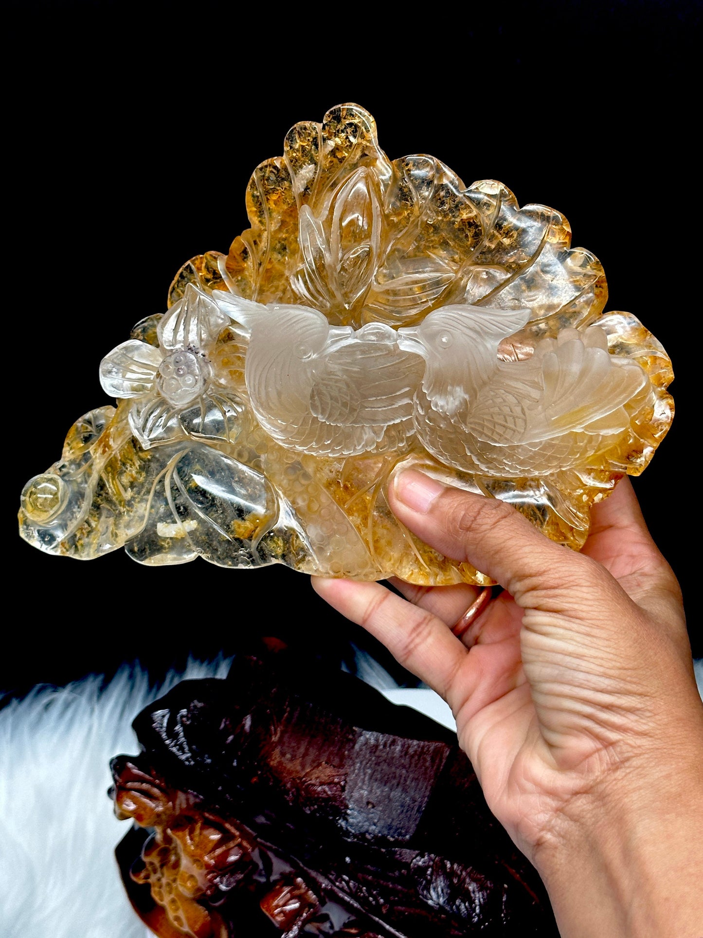 High Grade Golden Healer Carving of Mandarin Ducks, Fengshui Mandarin Ducks, Crystal Carving