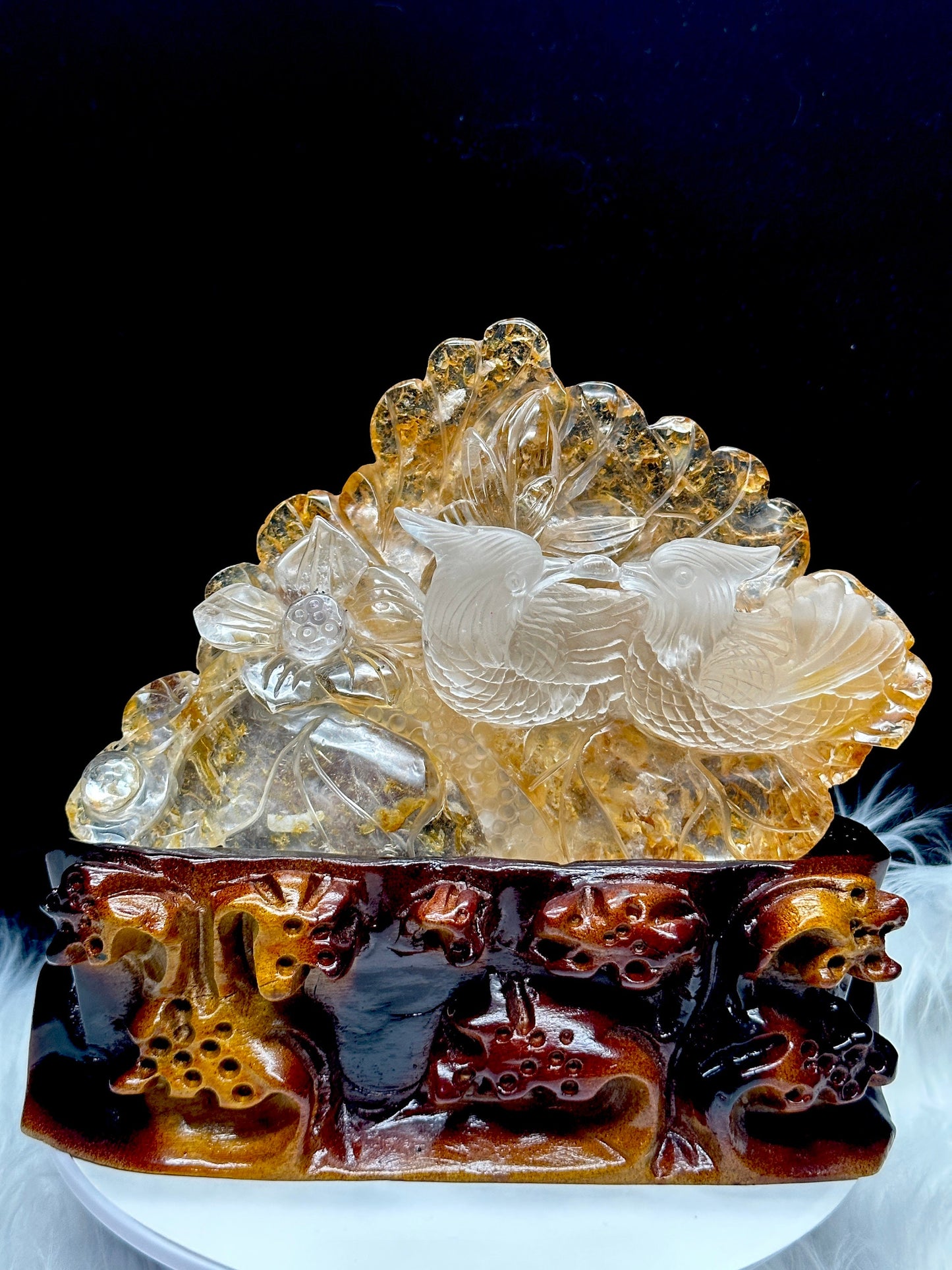 High Grade Golden Healer Carving of Mandarin Ducks, Fengshui Mandarin Ducks, Crystal Carving