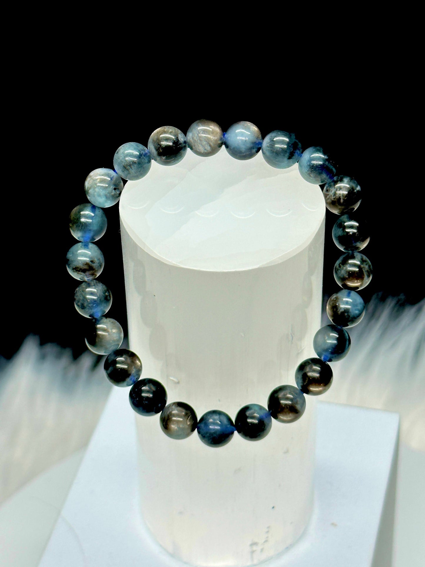 Devil Blue Aquamarine Biotite Inclusions Bracelet Brazil Grade AAA Genuine Natural Round Gemstone Beads - 7mm