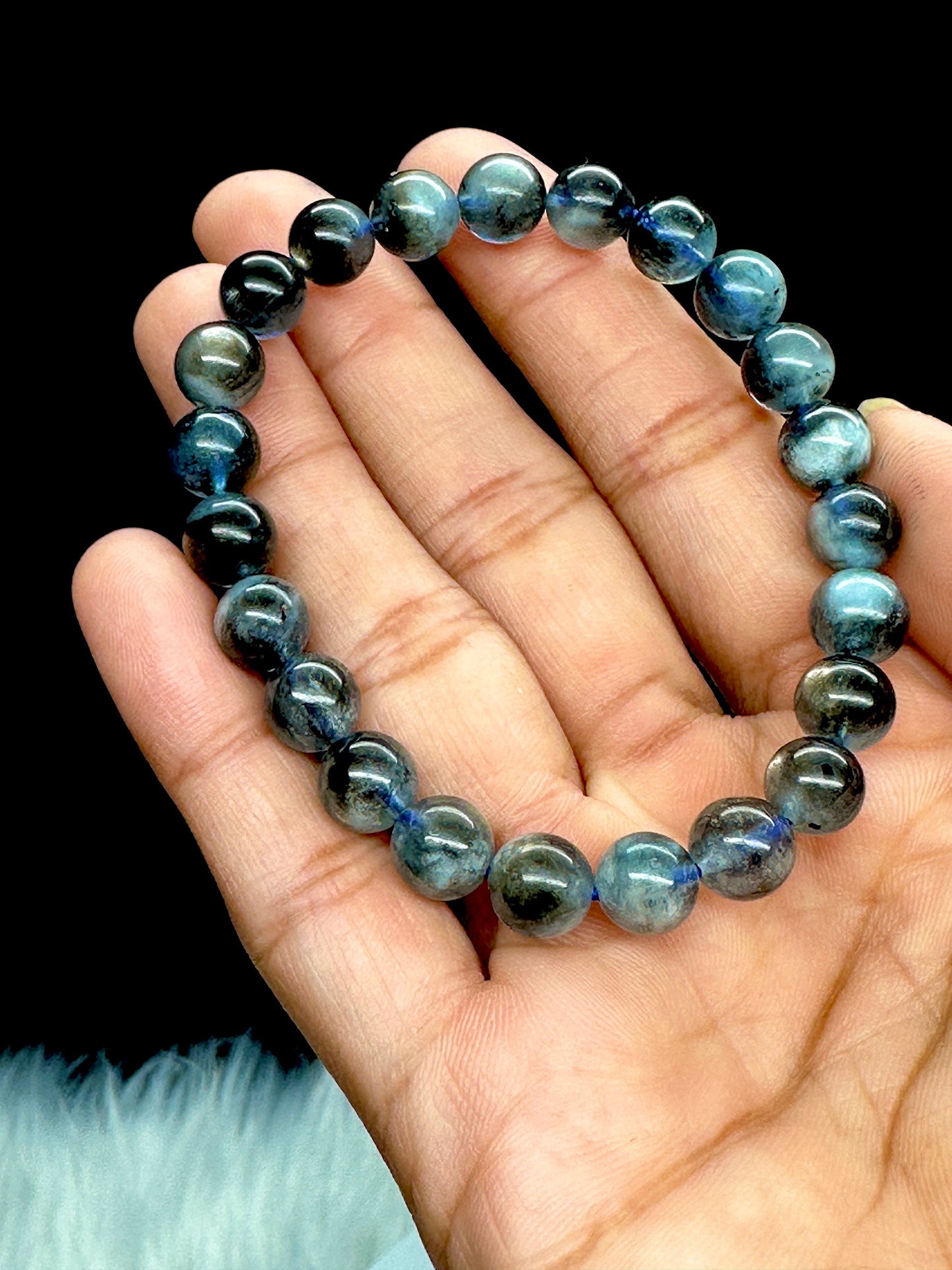 Devil Blue Aquamarine Biotite Inclusions Bracelet Brazil Grade AAA Genuine Natural Round Gemstone Beads - 7mm