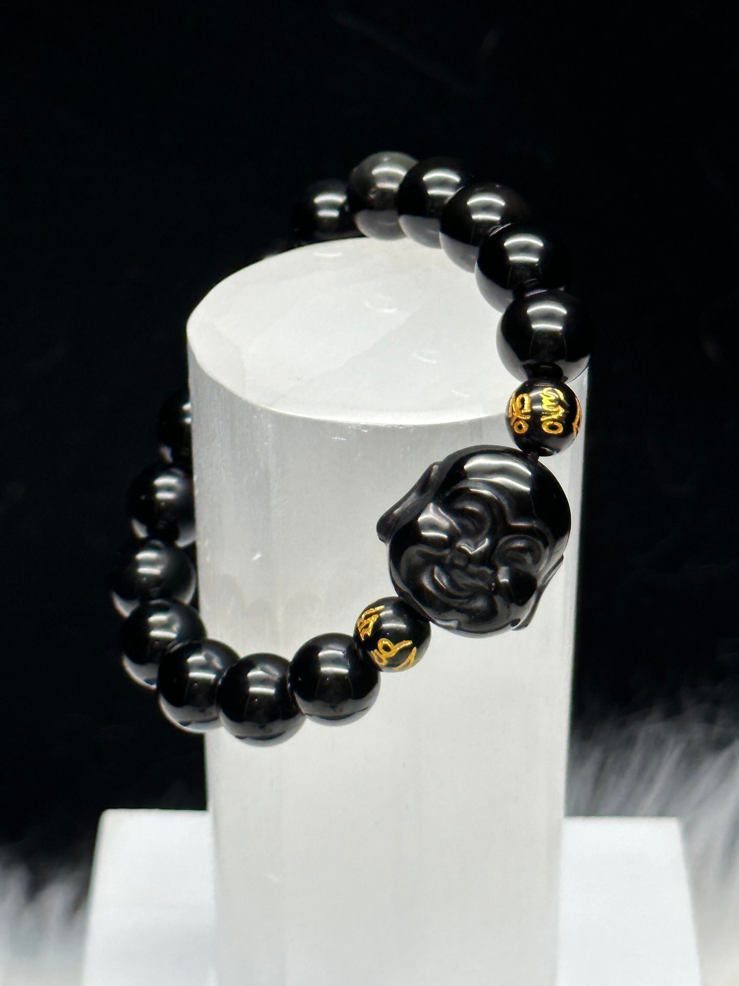 Black Obsidian Laughing Buddha Bracelet, Lucky Bracelet, Crystal Bracelet