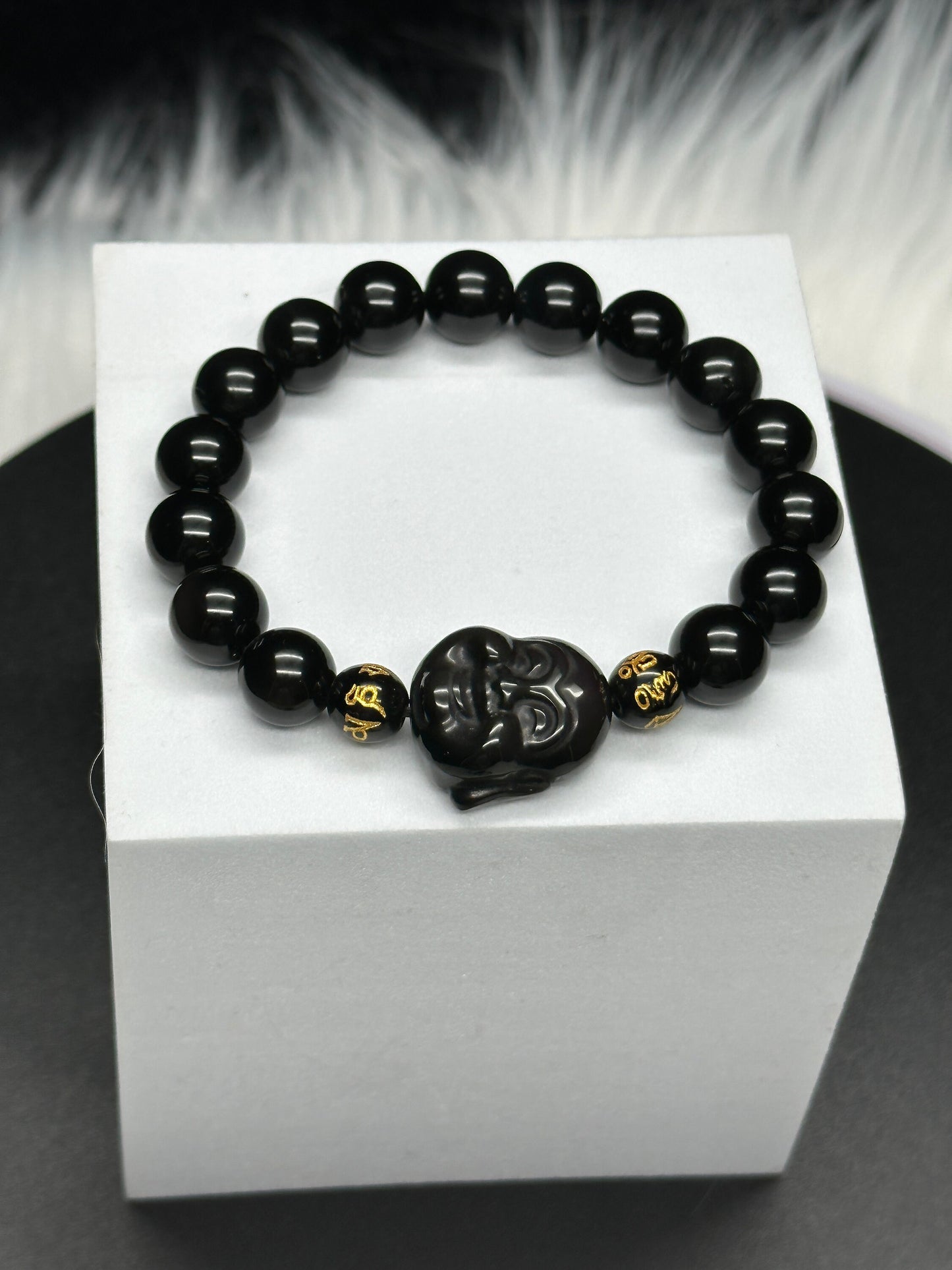 Black Obsidian Laughing Buddha Bracelet, Lucky Bracelet, Crystal Bracelet