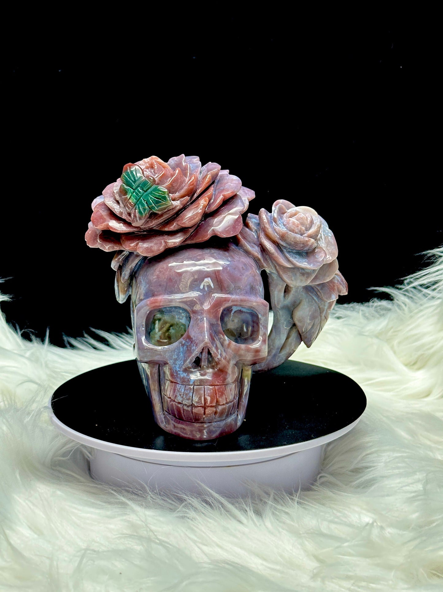 Stunning Ocean Jasper Crystal Skull with Rose HeadBand, Hand Carved Crystal Skull
