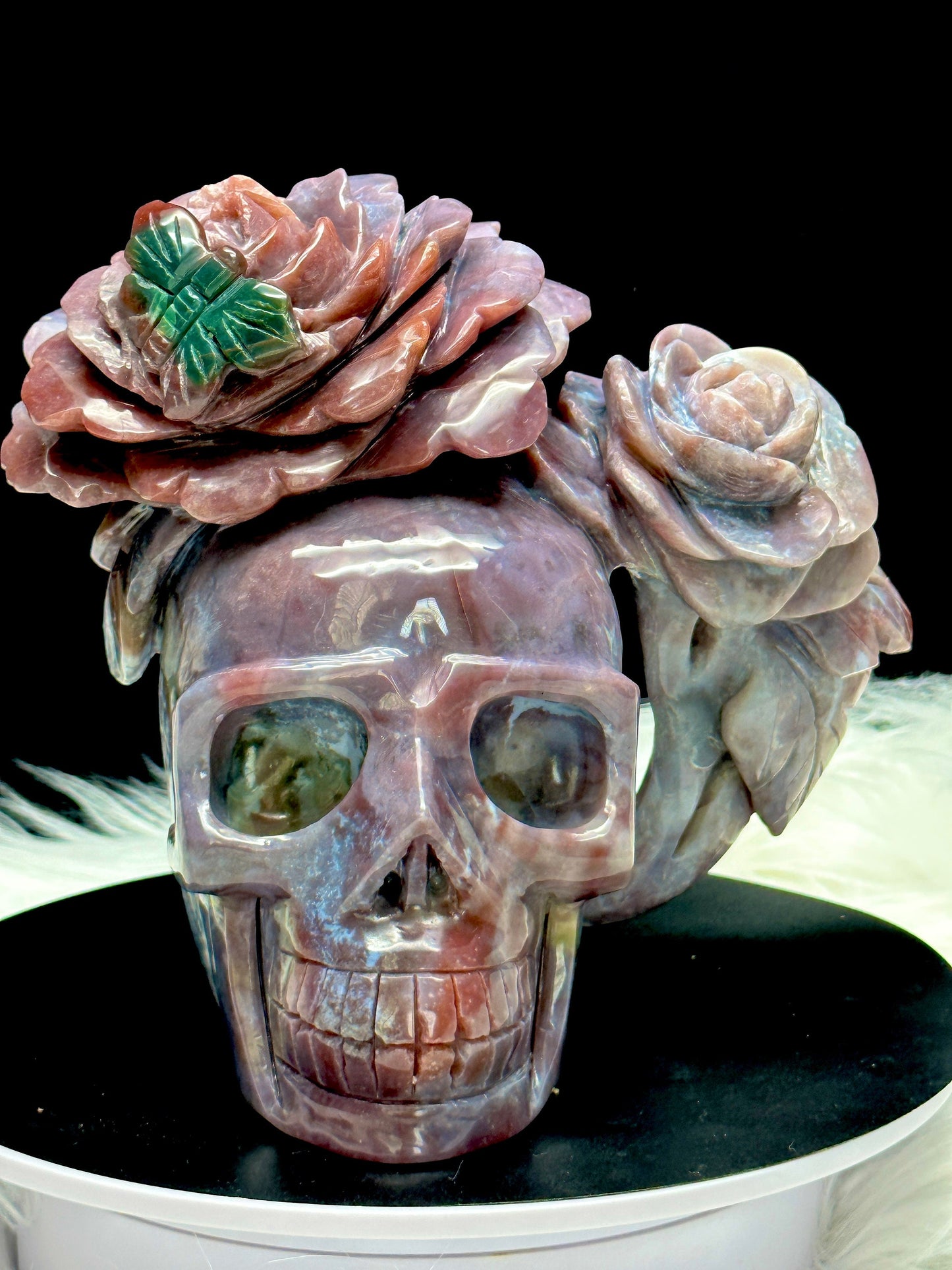 Stunning Ocean Jasper Crystal Skull with Rose HeadBand, Hand Carved Crystal Skull
