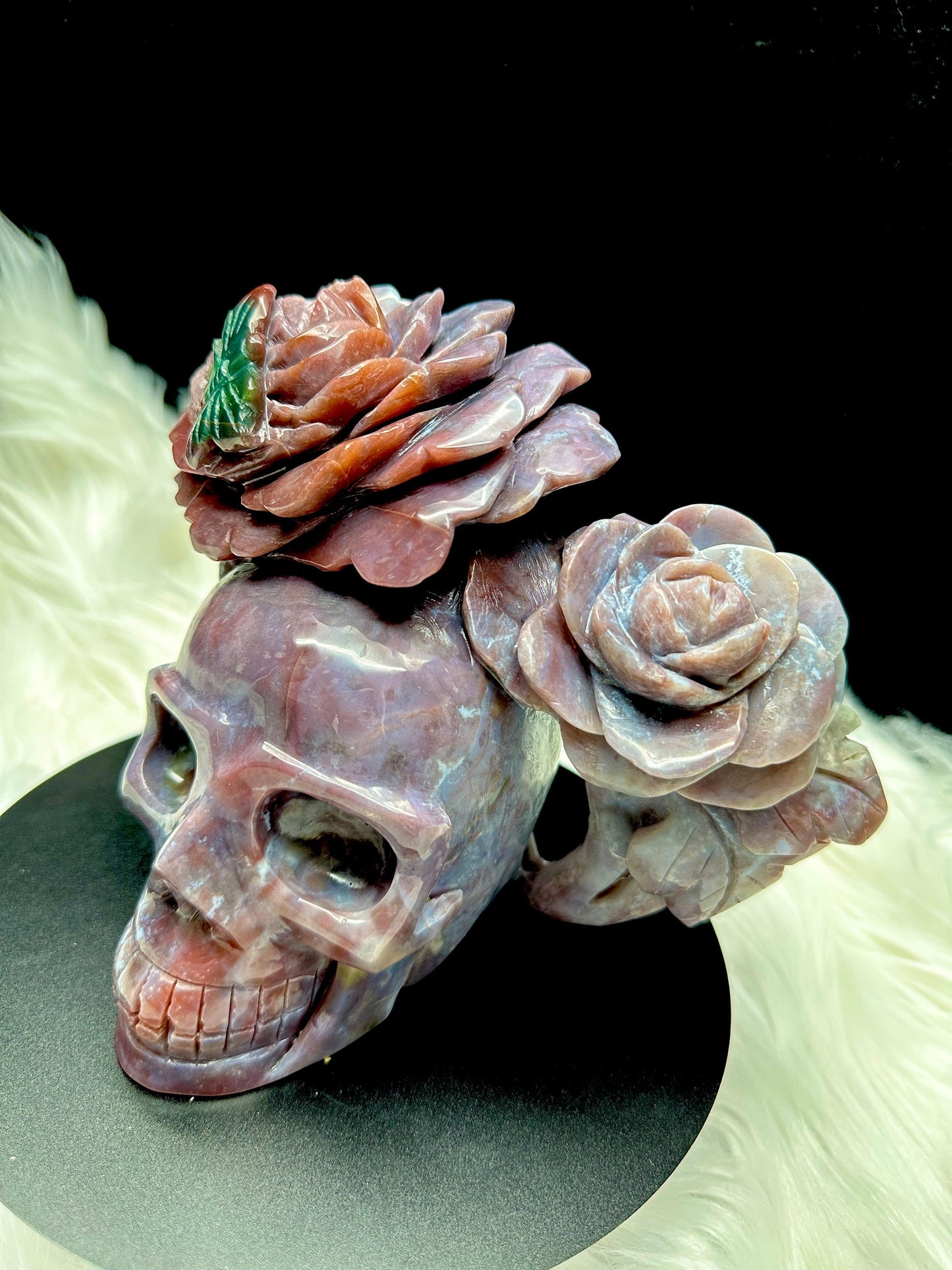 Stunning Ocean Jasper Crystal Skull with Rose HeadBand, Hand Carved Crystal Skull