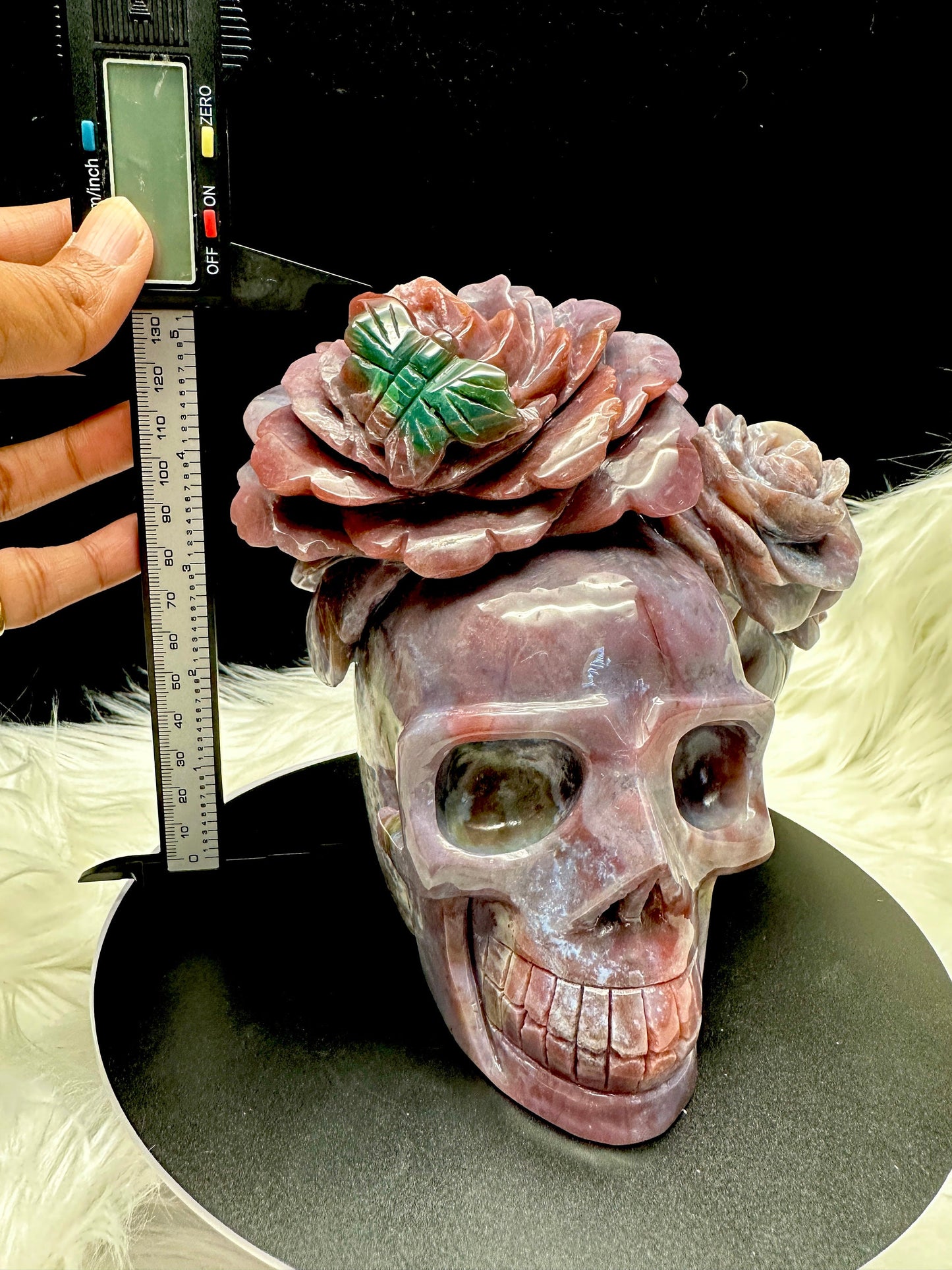 Stunning Ocean Jasper Crystal Skull with Rose HeadBand, Hand Carved Crystal Skull