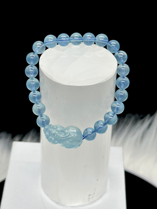 Aquamarine Pixiu Carved Bracelet, Aquamarine Bracelet, lucky pixiu bracelet