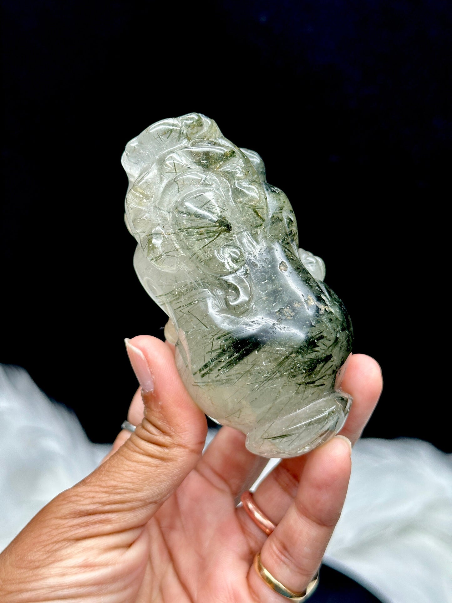 Green Tourmaline Rutilated Quartz Pixiu Carving