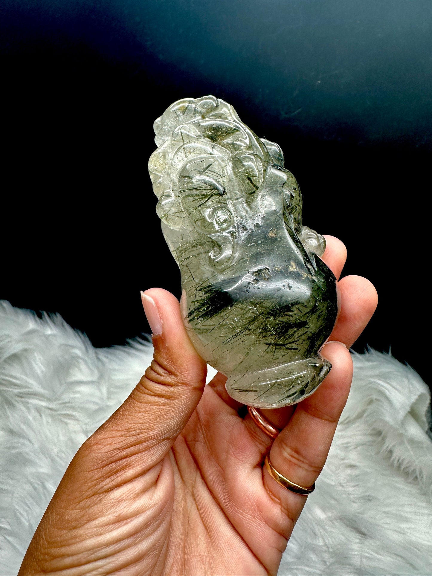 Green Tourmaline Rutilated Quartz Pixiu Carving