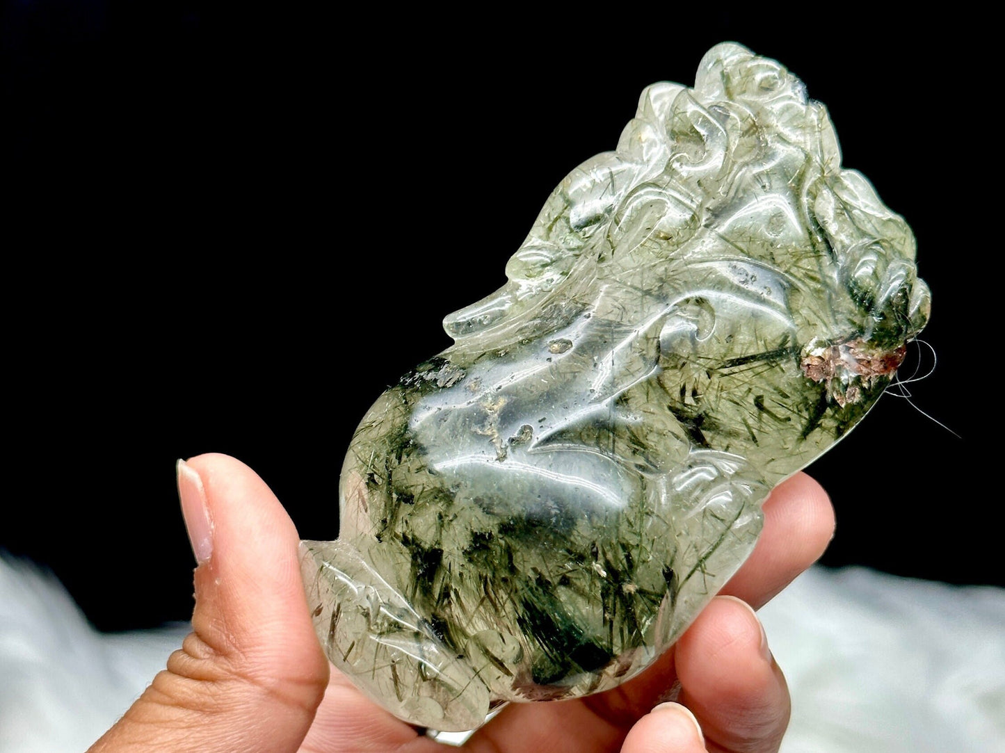 Green Tourmaline Rutilated Quartz Pixiu Carving