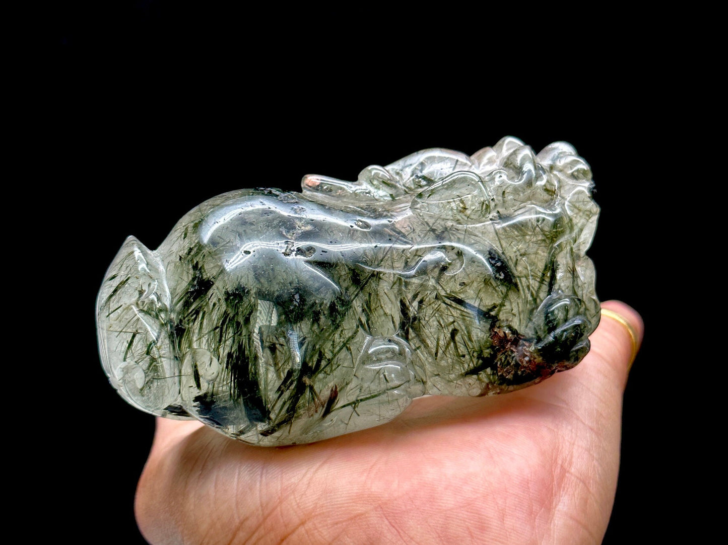 Green Tourmaline Rutilated Quartz Pixiu Carving