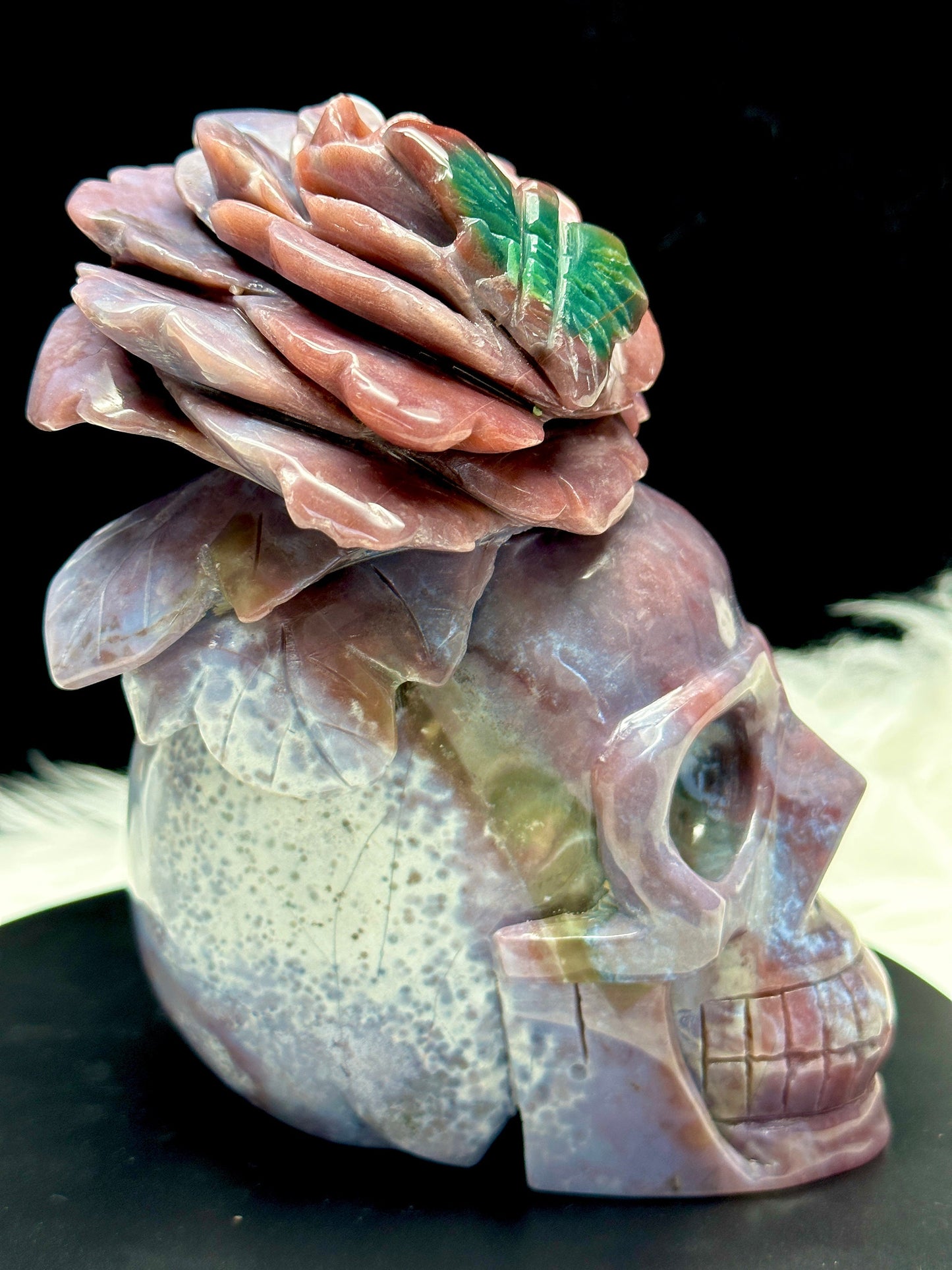 Stunning Ocean Jasper Crystal Skull with Rose HeadBand, Hand Carved Crystal Skull