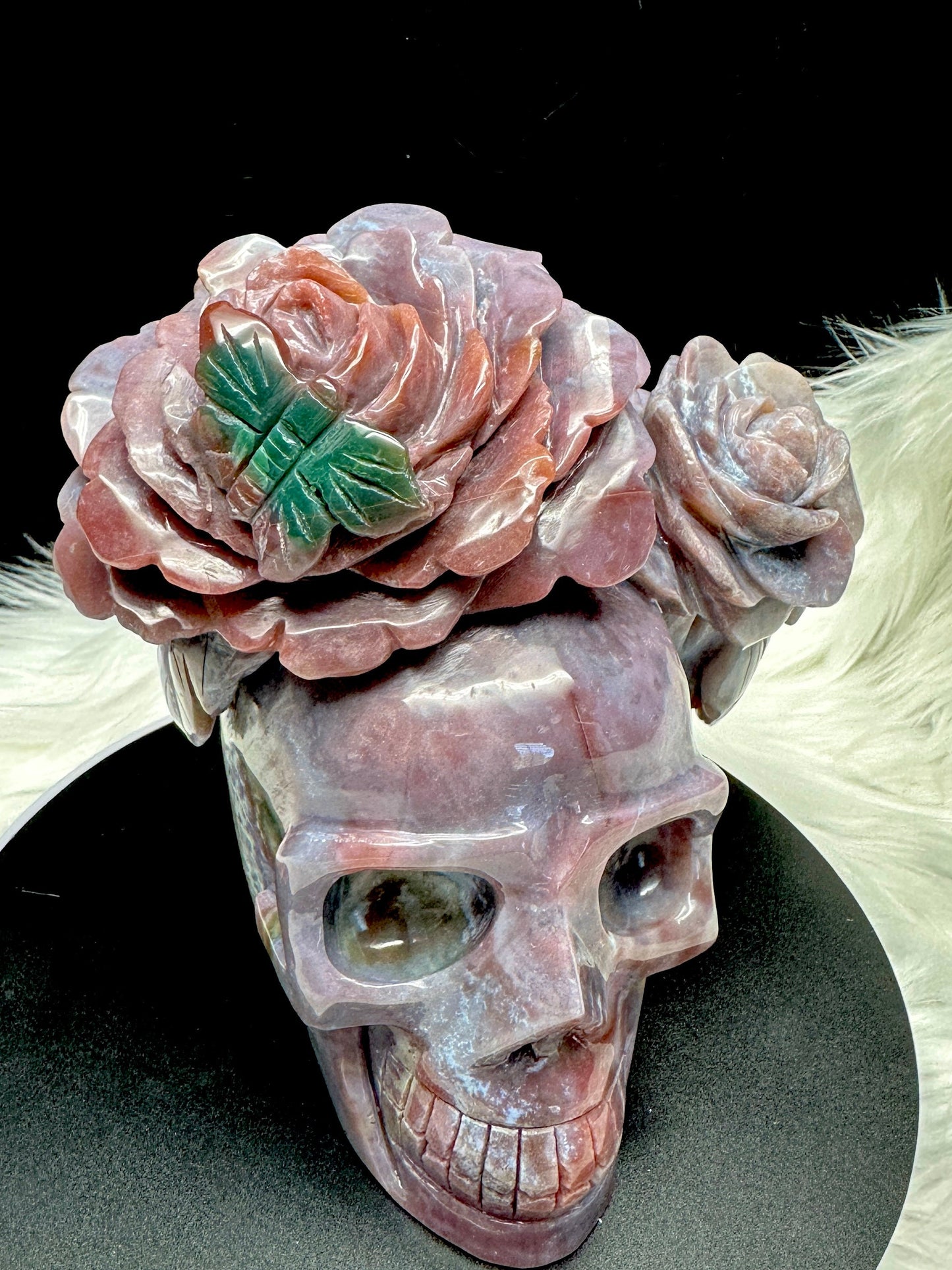 Stunning Ocean Jasper Crystal Skull with Rose HeadBand, Hand Carved Crystal Skull