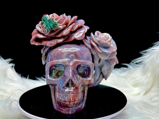 Stunning Ocean Jasper Crystal Skull with Rose HeadBand, Hand Carved Crystal Skull