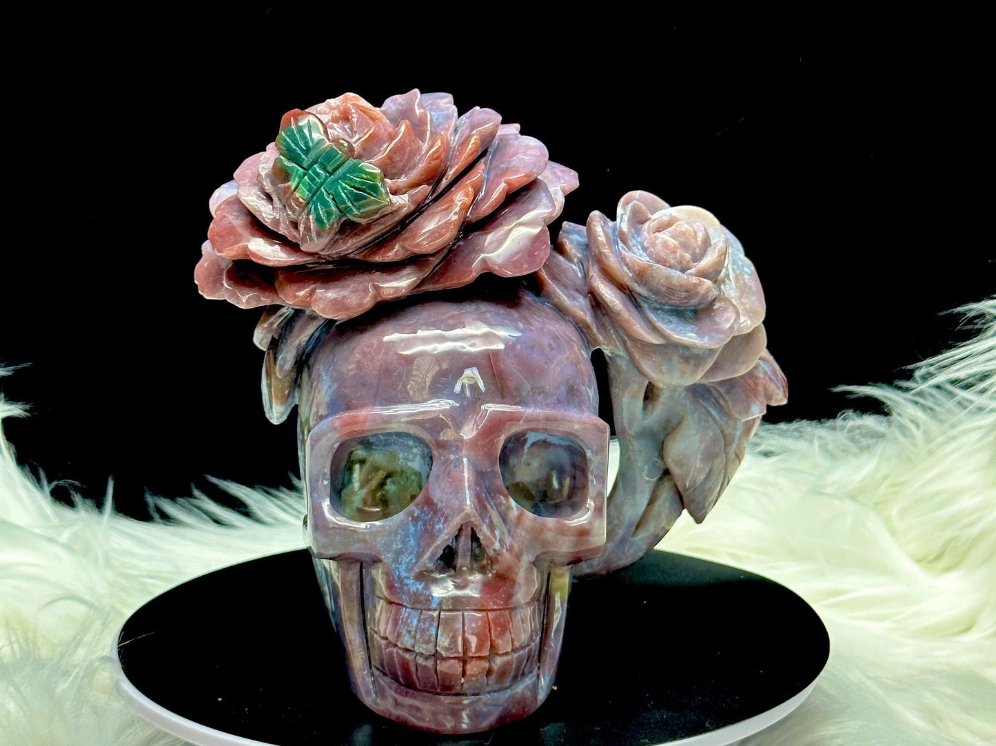 Stunning Ocean Jasper Crystal Skull with Rose HeadBand, Hand Carved Crystal Skull