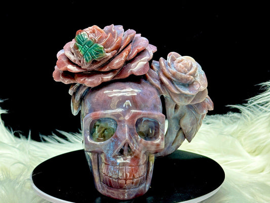 Stunning Ocean Jasper Crystal Skull with Rose HeadBand, Hand Carved Crystal Skull