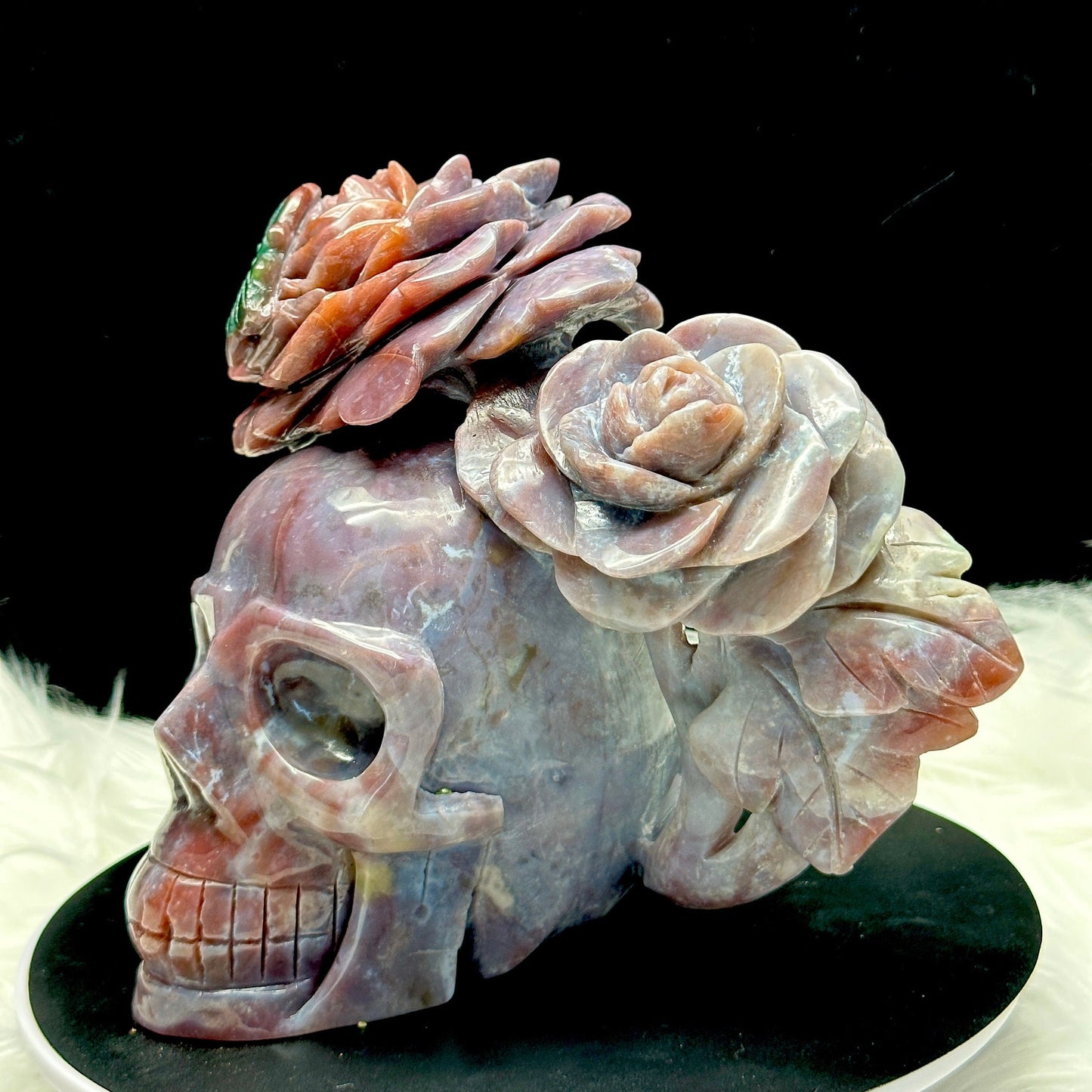Stunning Ocean Jasper Crystal Skull with Rose HeadBand, Hand Carved Crystal Skull