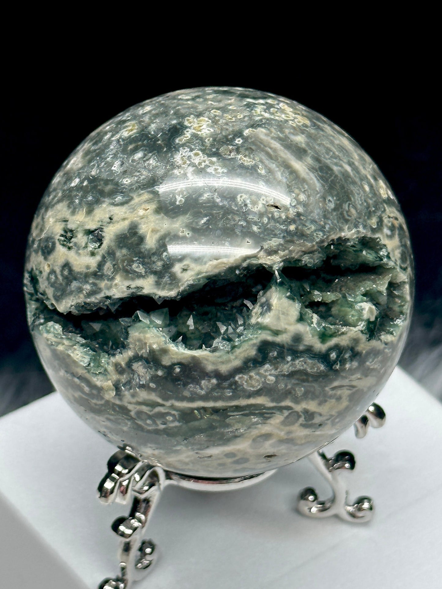 Druzy Orbicular Ocean Jasper Sphere, 2.4 inches diameter