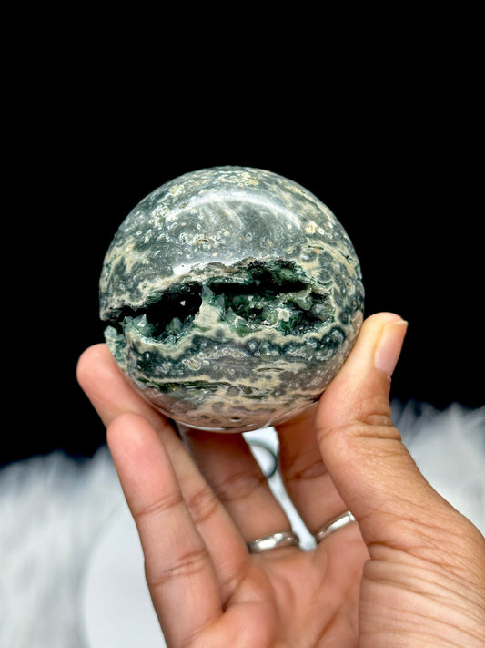 Druzy Orbicular Ocean Jasper Sphere, 2.4 inches diameter