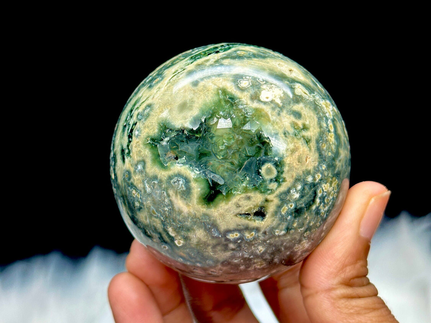 Druzy Orbicular Ocean Jasper Sphere, 2.4 inches diameter