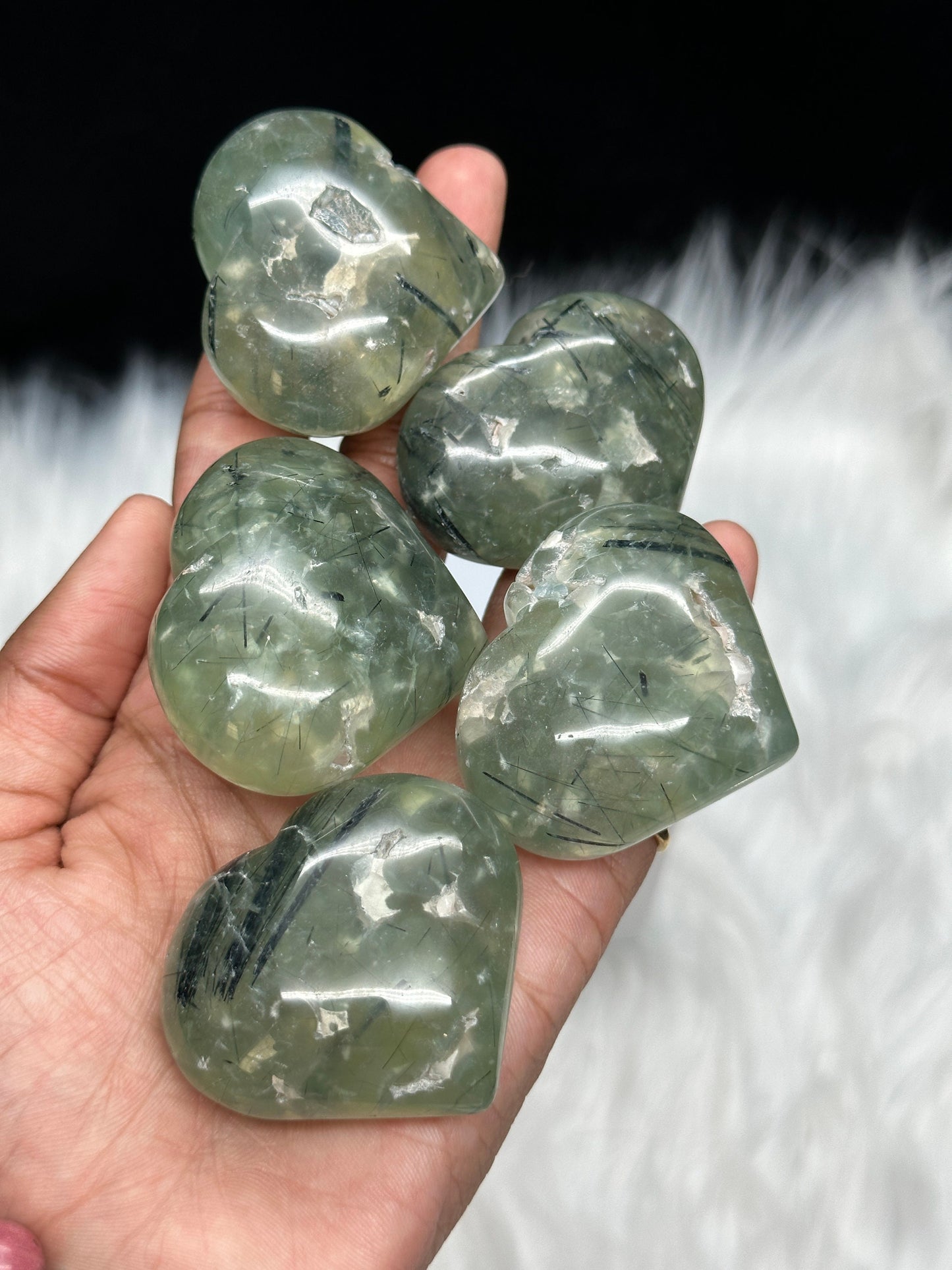 Prehnite Crystal Heart with Tourmaline Inclusion