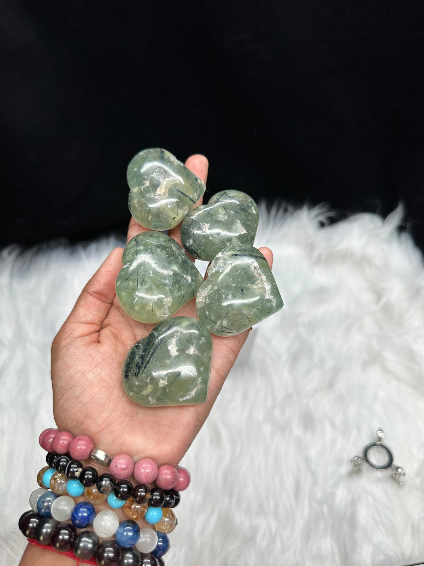 Prehnite Crystal Heart with Tourmaline Inclusion